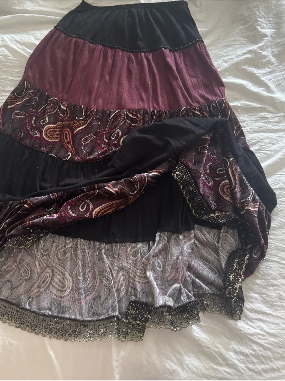 Vintage 90s FANG Whimsigoth Tiered Paisley Maxi Skirt Burgundy Black